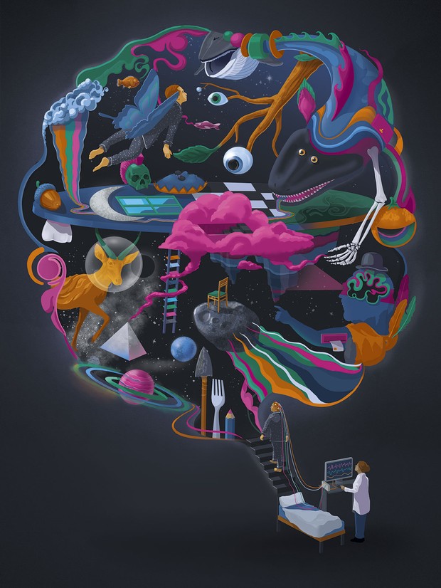 © Sam Falconer Illustration d'un cerveau endormi rempli d'éléments oniriques © Sam Falconer