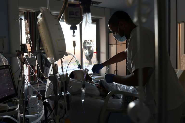 Un patient Covid-19 dans le service de réanimation du Centre hospitalier régional de la Citadelle de Liège, en Belgique, le 21 décembre 2021 (AFP - JOHN THYS)