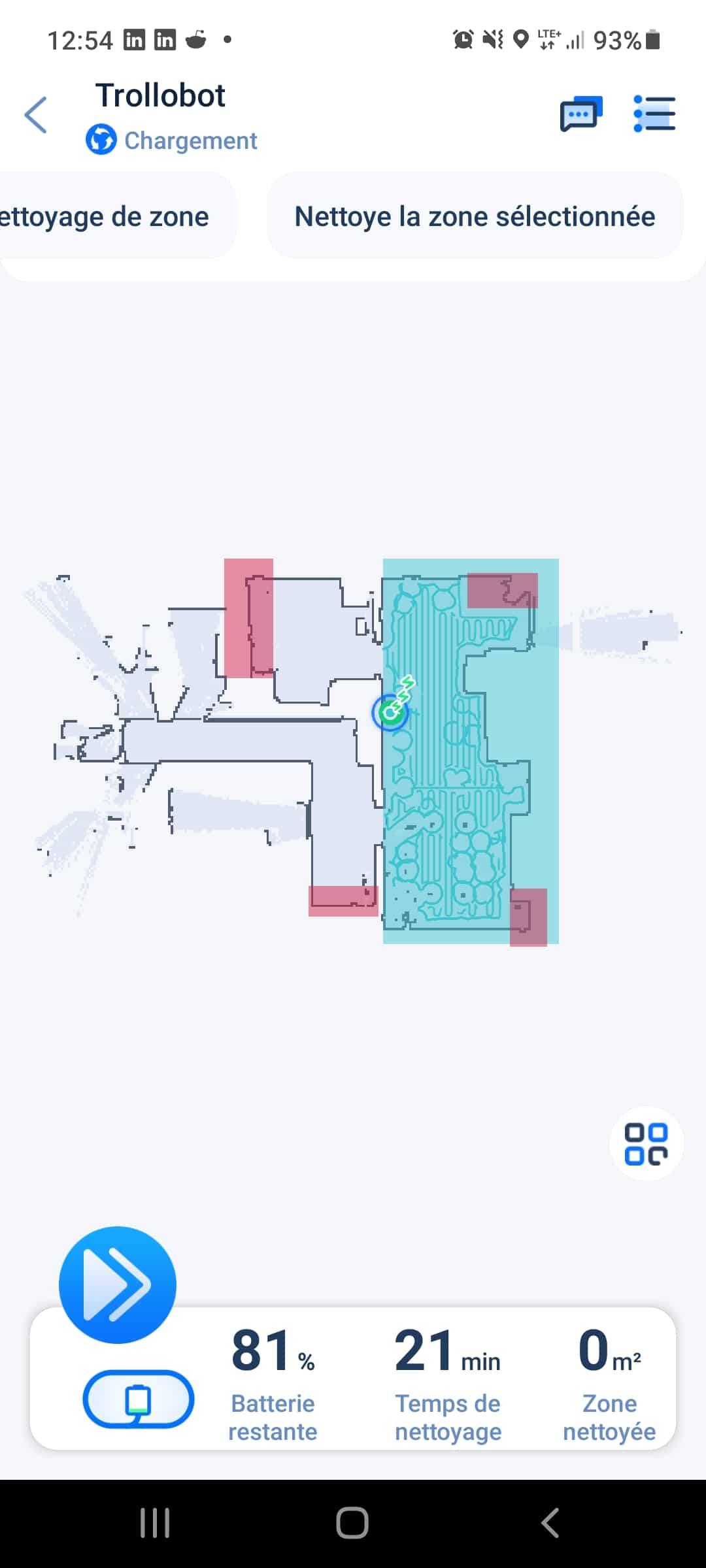 un robot parfait pour réduire considérablement les tâches ménagères › Geeky News 3 La carte après nettoyage du salon, l'application Proscenic m'affiche le temps passé, le niveau de batterie et l'espace nettoyé en mètres carrés