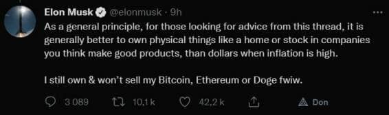 Elon Musk a donné des conseils à sa communauté sur Twitter pour résister à l'inflation qui fait chuter l'économie mondiale.