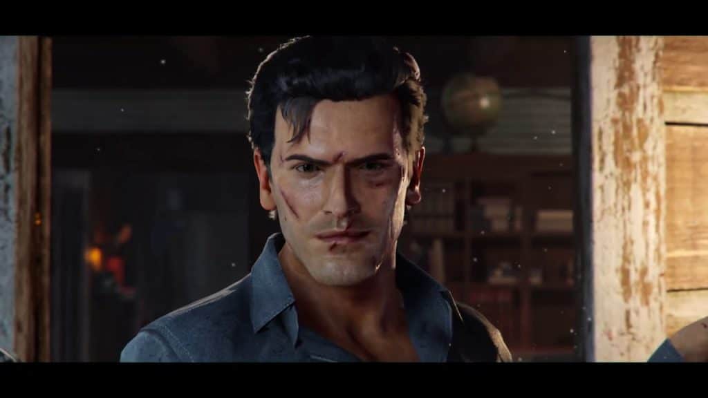 Evil Dead : la critique du jeu 3 Capture d'écran de la bande-annonce d'Evil Dead: The Game. Il montre le visage d'Ash Williams.