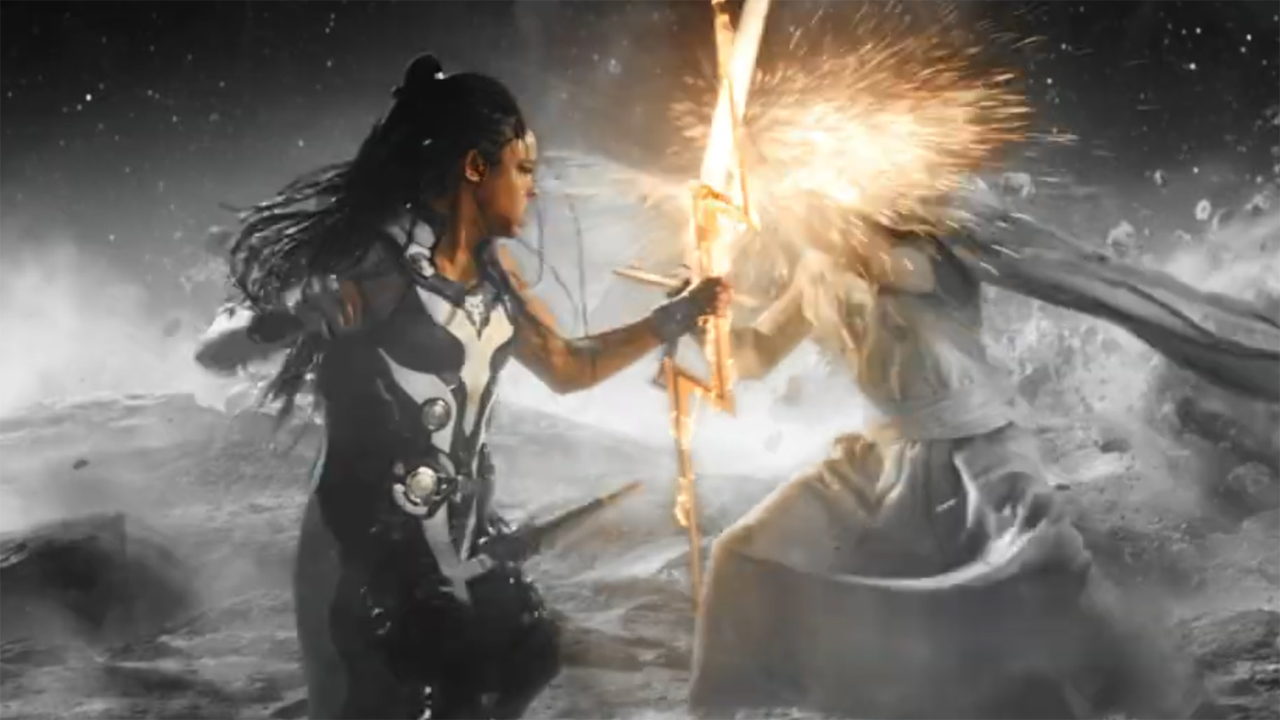 5 questions sur l'amour et le tonnerre que nous avons après la nouvelle bande-annonce du film Marvel 5 Valkyrie combattant Gorr le dieu boucher dans Thor: Love and Thunder