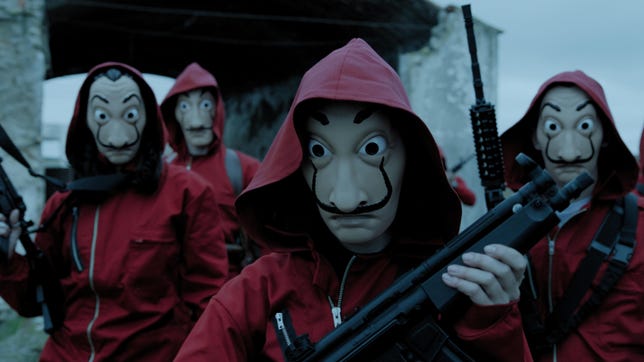 'Stranger Things' Sera le plus gros succès de Netflix à ce jour. Comment? Netflix a changé ses règles 7 Les voleurs de banque Money Heist se déguisent en combinaisons rouges et masques qui ressemblent au peintre Dalí.