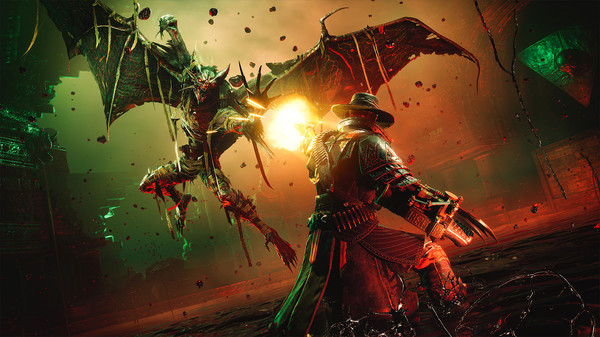 Tout ce que l'on sait sur Evil West 5 Jesse tirant sur un vampire volant.