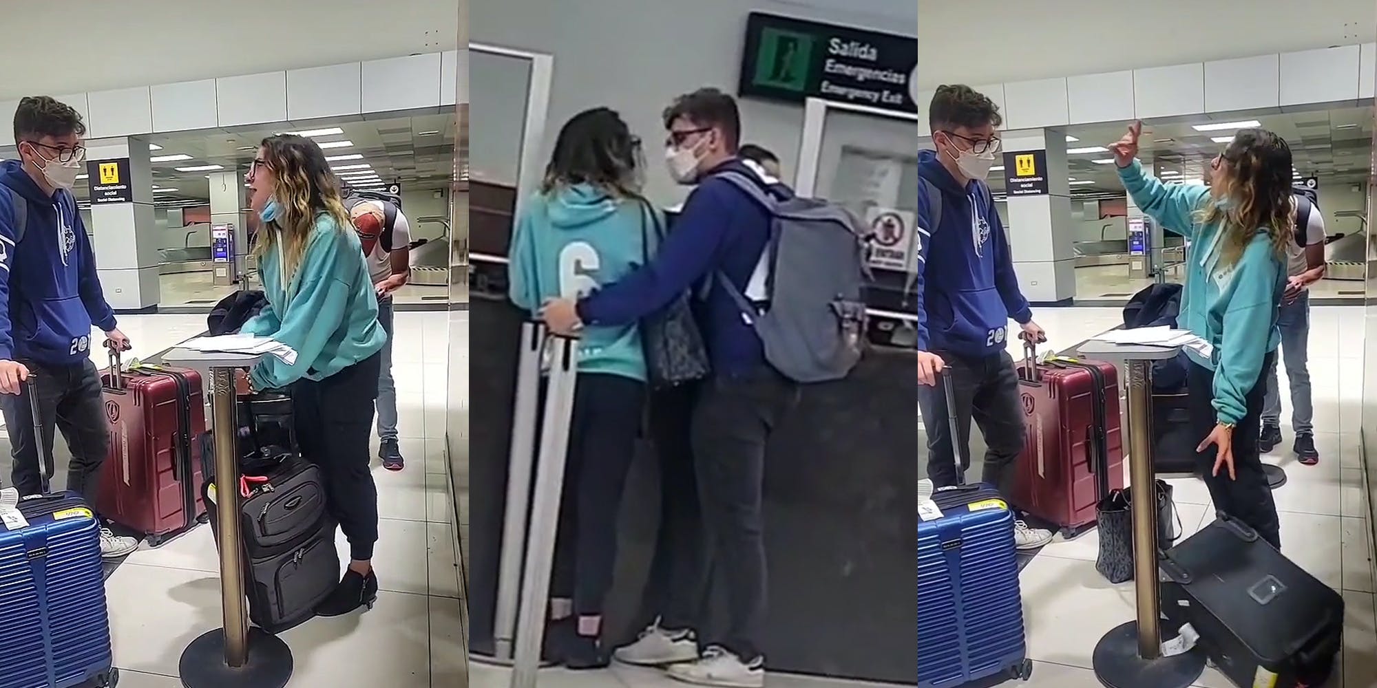 Souhaitez-vous vous inscrire pour un jeu télévisé 'Squid Game' ? 16 couple à l'aéroport tenant des bagages petite amie criant après son petit ami (l) couple à l'aéroport en ligne (c) couple à l'aéroport tenant des bagages petite amie main levée criant après son petit ami (r)