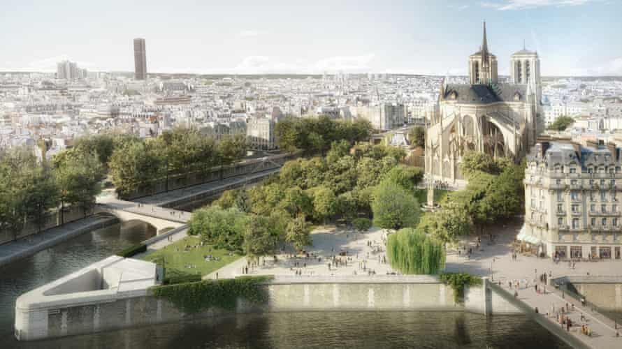 « Nous voulons qu'il prenne vie » : projet d'architecte pour transformer le quartier Notre-Dame | notre Dame 2 Une grande place continue sera créée entre l'abside et la Seine autour d'une généreuse pelouse.