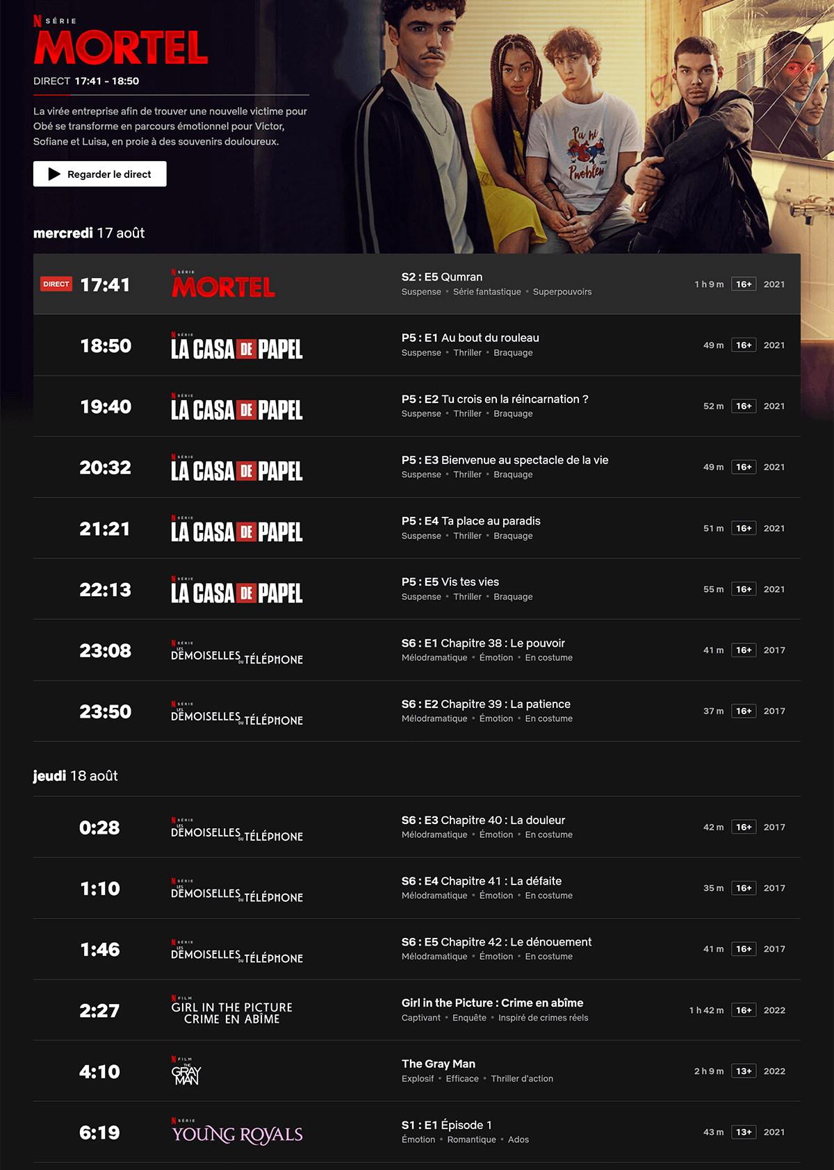 liste des programmes directs netflix