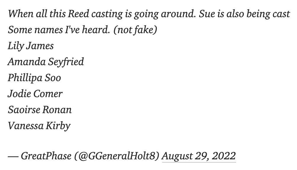 Le casting de Sue Storm de Fantastic Four est en cours – voici une courte liste divulguée 4 Les prétendus candidats de Fantastic Four Sue Storm.