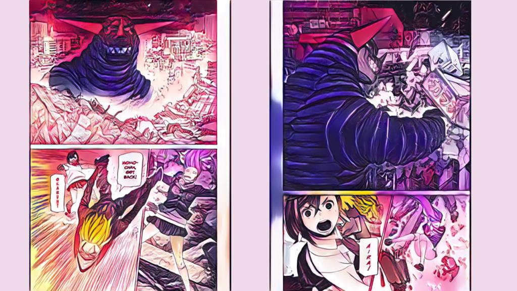 Dandadan Chapitre 68 - Okarun et Momo combattant Kaiju