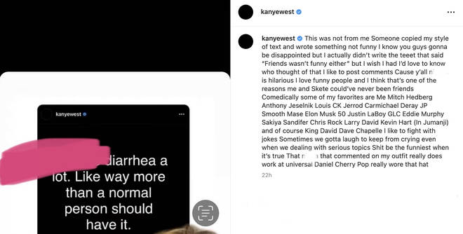 Kanye West démystifie le message viral sur la "diarrhée" de Kim Kardashian et dit que ce n'est "pas drôle" 4 Kanye précise que le message viral sur Kim ne provenait pas de son compte