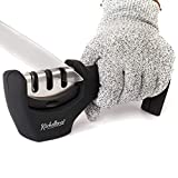 Accessoires de couteaux de cuisine 4 en 1 : l'affûteur de couteaux à 3 étapes aide à réparer, restaurer, polir les lames et un gant résistant aux coupures (noir)
