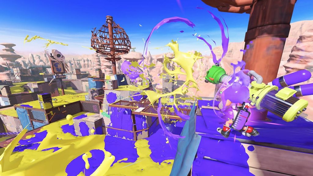 Match en ligne de Splatoon 3 avec un Inkling tirant avec un Splatling Gun
