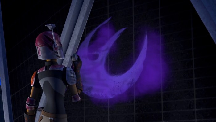 Rencontrez les rebelles : Sabine Wren 7 Sabine en armure complète peint à la bombe le symbole starbird