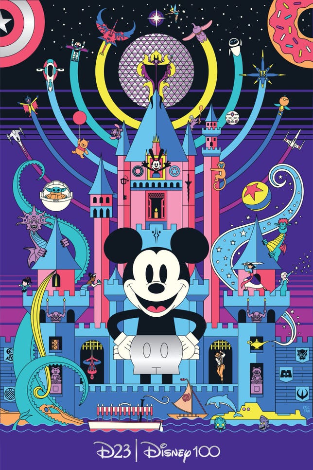 D23 Expo 2022 : les mises à jour Disney, Marvel et Star Wars à prévoir ce week-end 3 Un Mickey Mouse géant noir et blanc se dresse parmi les petits personnages et icônes Disney dans une affiche D23 2022
