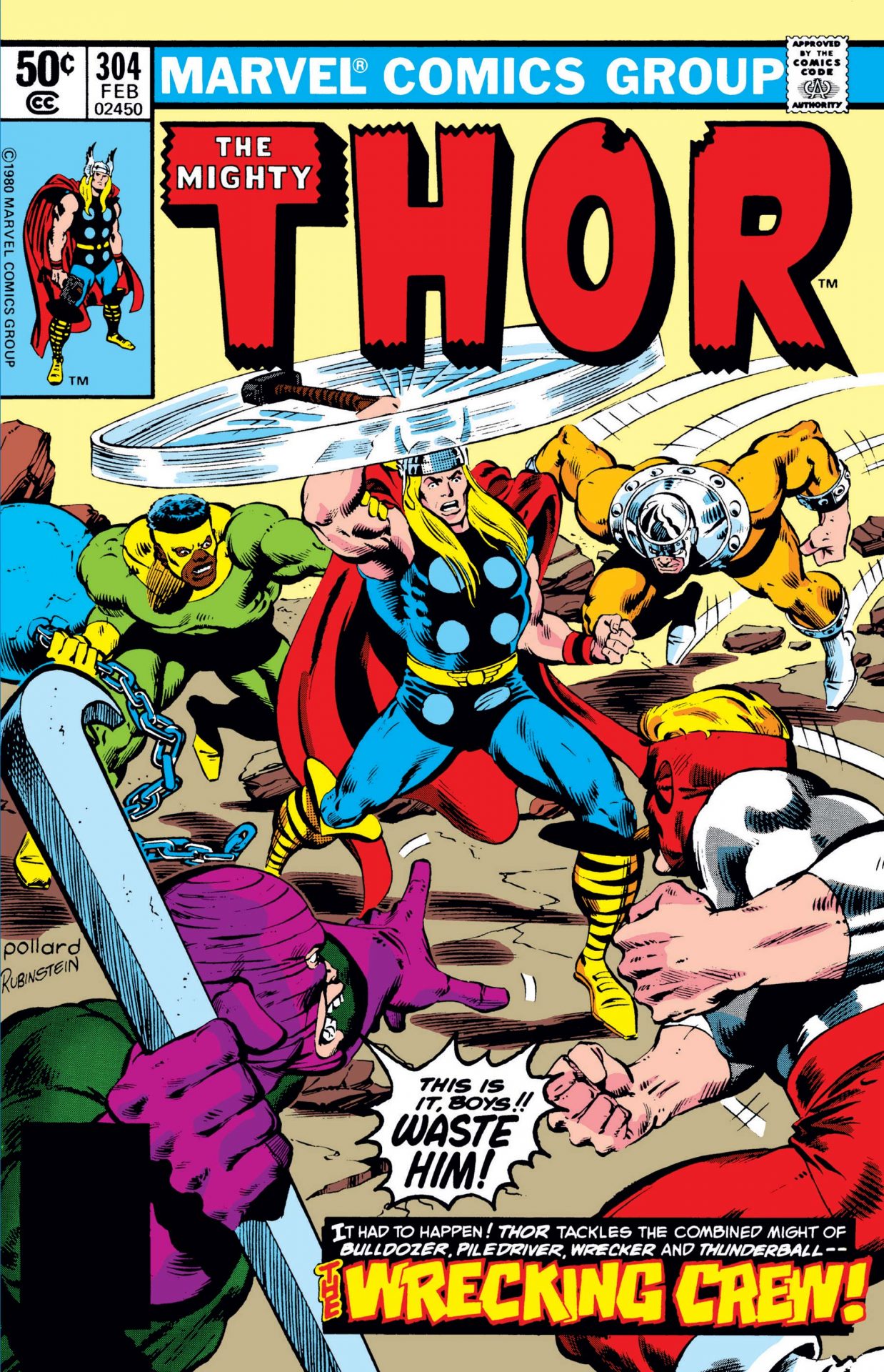 La couverture de The Mighty Thor #304 montre Thor Fighting the Wrecking Crew 