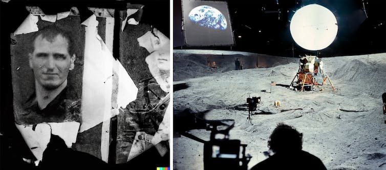 Un collage de visages fantomatiques dans des images photographiques fortement dégradées ;  studio de cinéma montrant Apollo 11 sur une fausse surface lunaire.