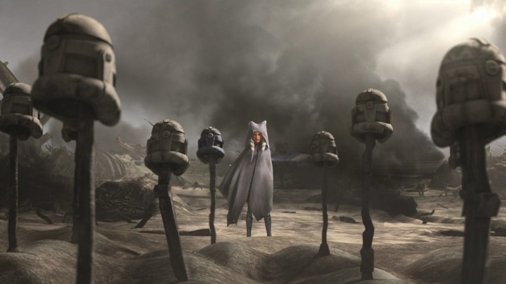 Revue Star Wars Tales of the Jedi : un conte trop familier 5 Ahsoka debout devant les tombes de ses amis et camarades décédés dans la finale de la série The Clone Wars.