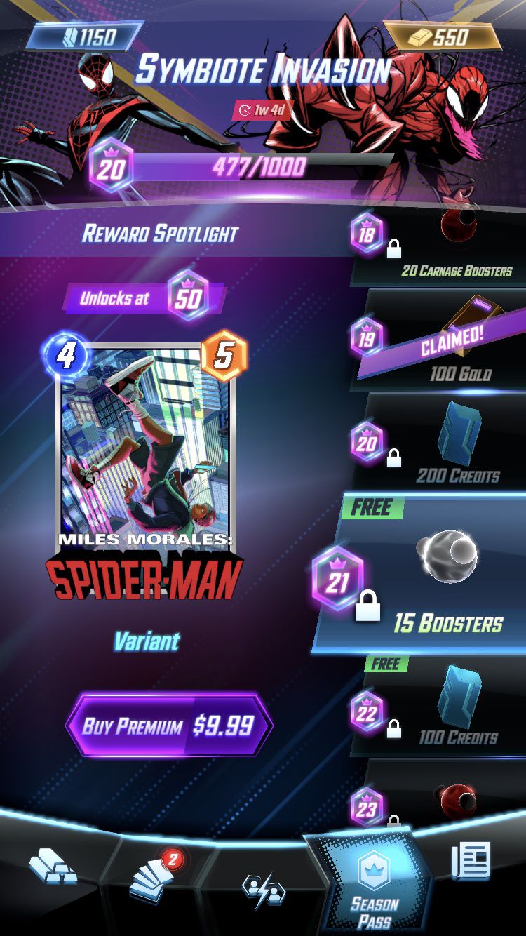 Le pass de saison Marvel Snap montre une carte Spider-Man: Miles Morales à côté de boosters, de crédits et d'autres bonus.