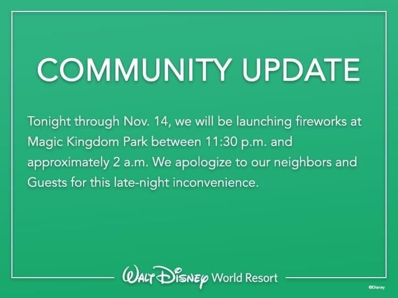 Disney informe les habitants des feux d'artifice de fin de soirée au Magic Kingdom, tournage probable des spéciaux des fêtes 2 feux d'artifice de fin de soirée