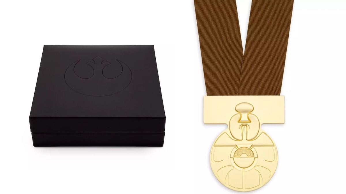Les meilleurs cadeaux pour les fans de "Star Wars" en 2022 | The Mary Sue 7 Une médaille d'or sur un cordon marron conçu pour ressembler à la Médaille de Yavin de 'Star Wars', à côté d'une vitrine noire.