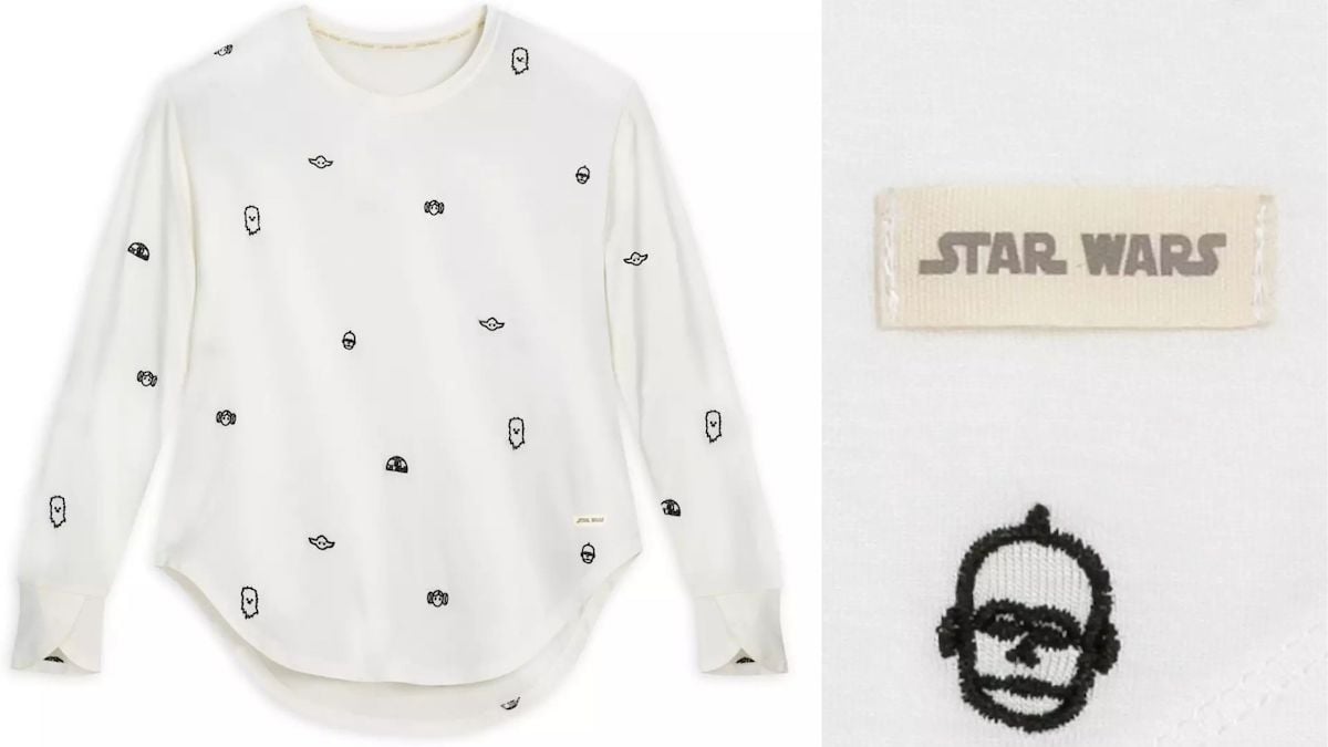 Les meilleurs cadeaux pour les fans de "Star Wars" en 2022 | The Mary Sue 5 Une chemise à manches longues sur laquelle sont brodés des portraits caricaturaux des personnages de Star Wars.
