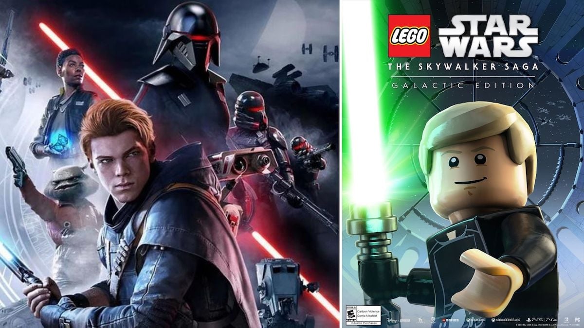 Les meilleurs cadeaux pour les fans de "Star Wars" en 2022 | The Mary Sue 9 Un détail de l'illustration de la couverture du jeu vidéo Star Wars Jedi : Fallen Order présentant un gros plan du personnage Cal Kestis à côté de la couverture du jeu LEGO Star Wars : The Skywalker Saga présentant une version miniature LEGO de Luke Skywalker.
