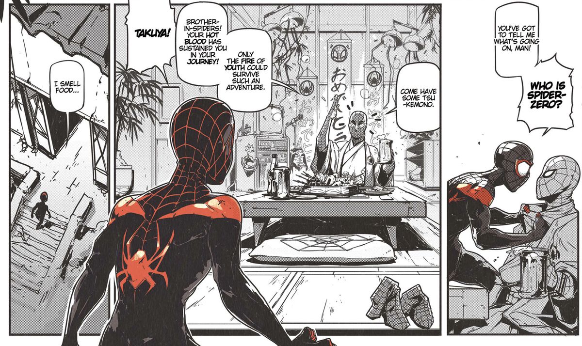 Miles Morales tombe sur Takuya Yamashiro, en train de dîner dans sa maison traditionnelle japonaise. Miles est dessiné dans son habituel costume aux couleurs vives, tandis que Takuya et son environnement sont réalisés dans un style manga monochrome. Tiré de Spider-Verse #1 (2019). 
