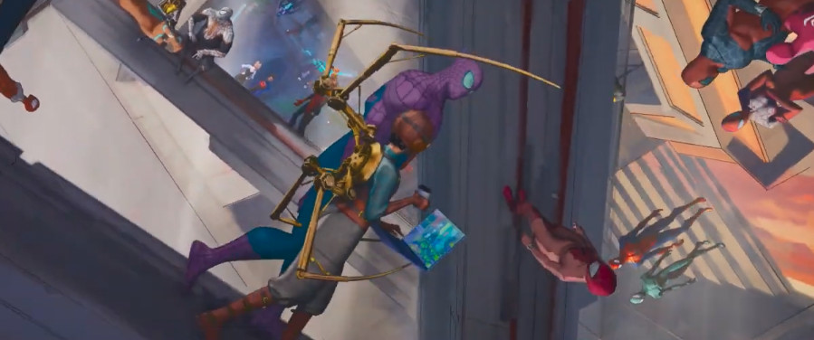 Iron Spider marchant avec son café à travers le multivers en rotation dans Spider-Man : Across the Spiderverse.