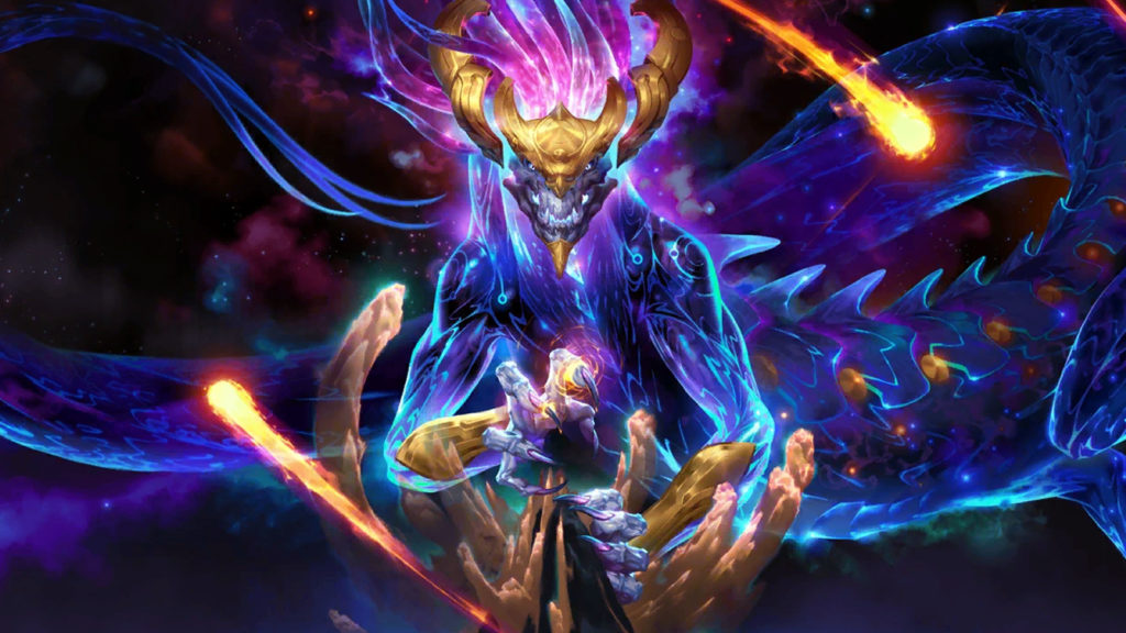 Les 10 champions de League of Legends les moins joués 19 Le champion de la ligue Aurelion Sol plane au-dessus de la montagne avec des étoiles autour de lui.