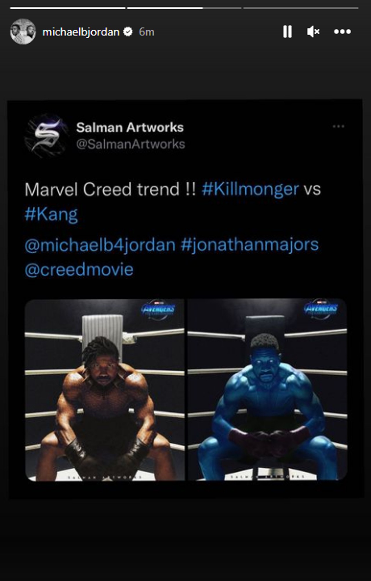 Un fan de Marvel a imaginé un combat entre Killmonger et Kang au milieu du battage médiatique de Creed III, et Michael B. Jordan semble être d'accord avec cette idée. 3 Une capture d'écran du fan art avec Michael B. Jordan dans le rôle de Killmonger et Jonathan Majors dans le rôle de Kang assis sur un ring de boxe.