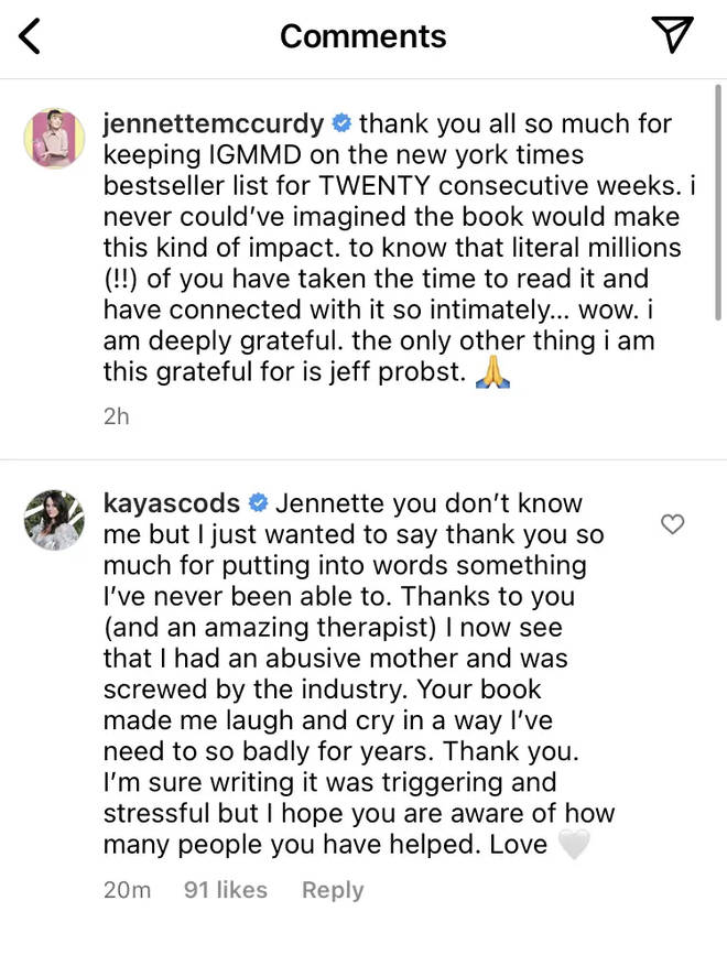 Kaya Scodelario de Skins remercie Jennette McCurdy de l'avoir aidée à réaliser que sa mère... 4 Kaya Sodelario laisse un commentaire sur la page Instagram de Jennette McCurdy