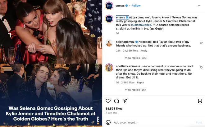 Selena Gomez révèle ce qu'elle a réellement dit à Taylor Swift aux Golden Globes 4 Selena Gomez commente sous E! Article de presse