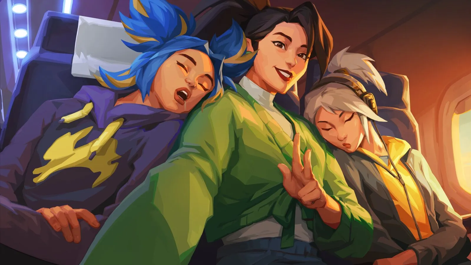 Sage pose pour une photo avec Jett et Neon endormis, VALORANT agents.