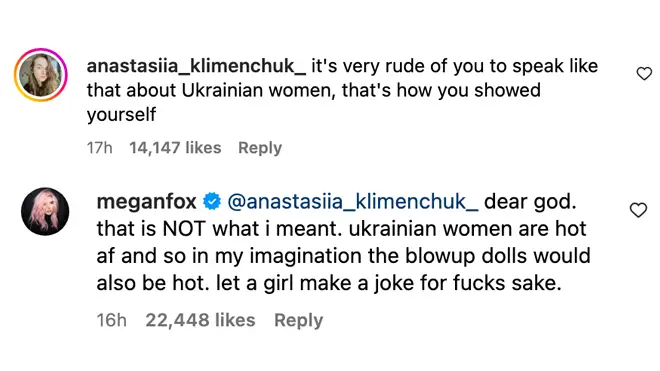 Megan Fox a interpellé à propos de la légende "Poupée gonflable ukrainienne" à propos de son apparence 5 Megan Fox double ses commentaires