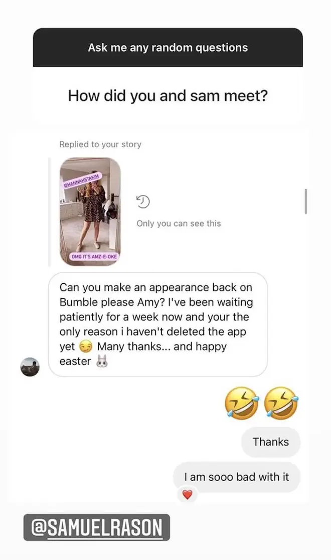 La vie d'Amy Hart après Love Island, y compris son âge, son emploi et son partenaire 8 Amy Hart a partagé des captures d'écran de sa première conversation avec son désormais fiancé sur son Instagram