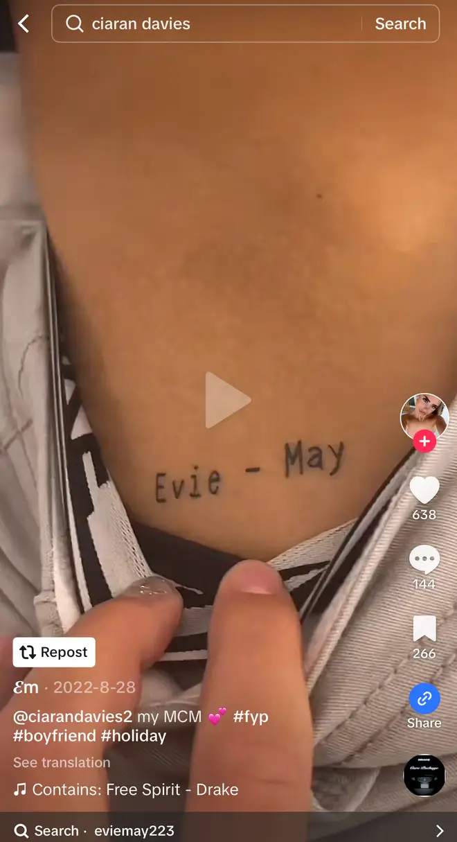 L'ex-petite amie de Ciaran de Love Island révèle le tatouage qu'il lui a dédié 5 Evie a partagé ceci sur TikTok
