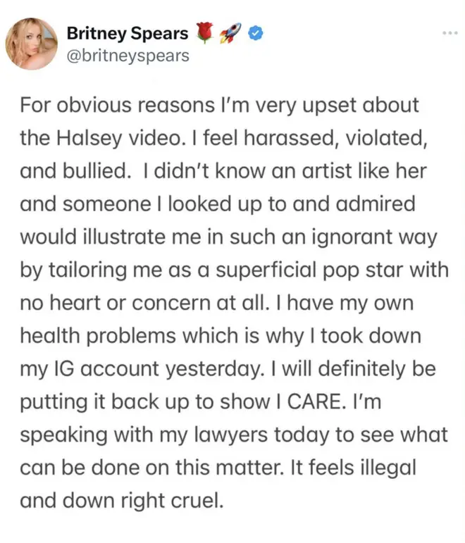 Halsey s'exprime après que Britney Spears se soit rétractée dans sa déclaration critiquant leur "chanceuse"... 6 Déclaration supprimée de Britney Spears concernant la vidéo « Lucky » de Halsey