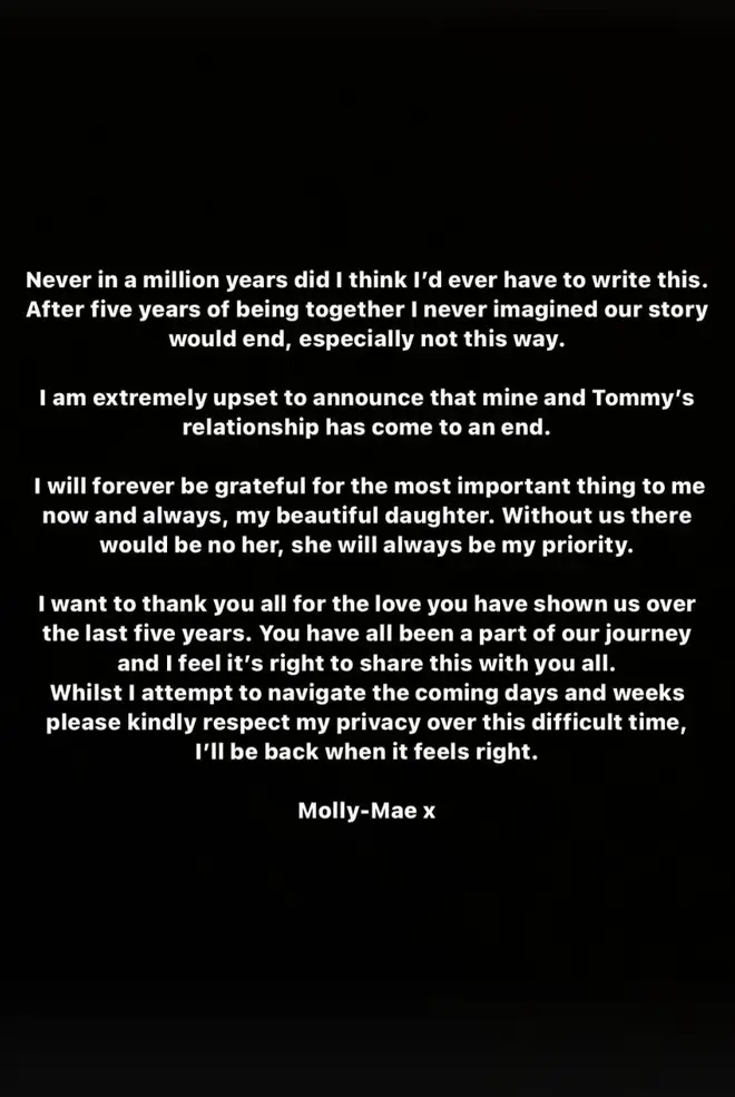 Tout ce que Molly-Mae Hague et Tommy Fury ont dit à propos de leur séparation 6 Déclaration de rupture de Molly-Mae sur Instagram Stories