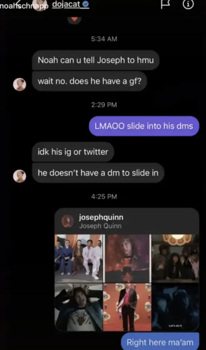 Doja Cat et Joseph Quinn suscitent des rumeurs de fréquentation deux ans après le drame DM de Noah Schnapp 5 Noah Schnapp a déjà exposé les DM de Doja Cat à propos de Joseph Quinn