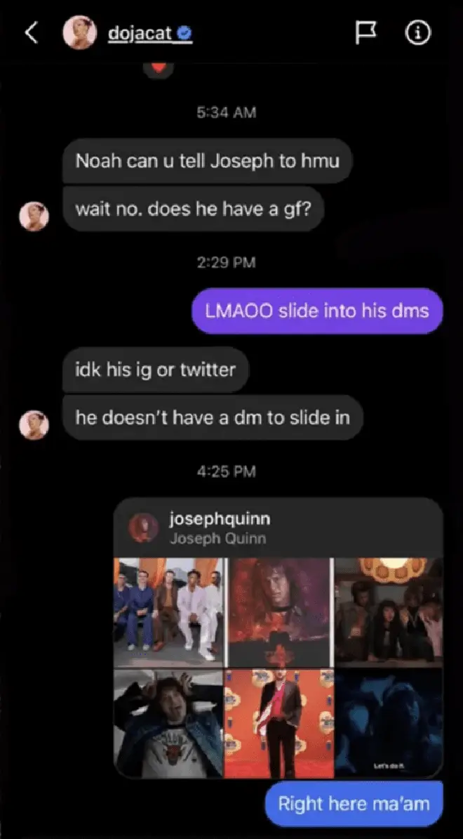 Chronologie des rencontres Doja Cat et Joseph Quinn – Comment se sont-ils rencontrés et sont-ils fiancés ? 6 Les messages privés de Doja Cat à Noah Schnapp ont été mis en ligne