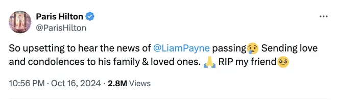 Les hommages des célébrités affluent pour Liam Payne après son décès 9 Paris Hilton réagit à l'annonce du décès de Liam Payne