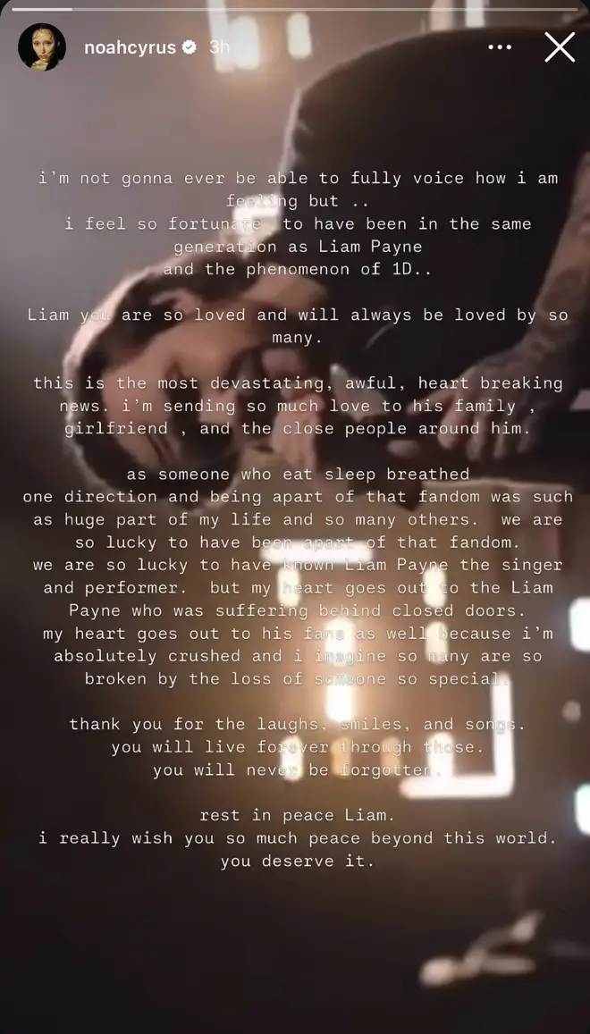 Les hommages des célébrités affluent pour Liam Payne après son décès 17 Noah Cyrus a déclaré : "Liam, tu es tellement aimé et tu seras toujours aimé par tant de personnes."