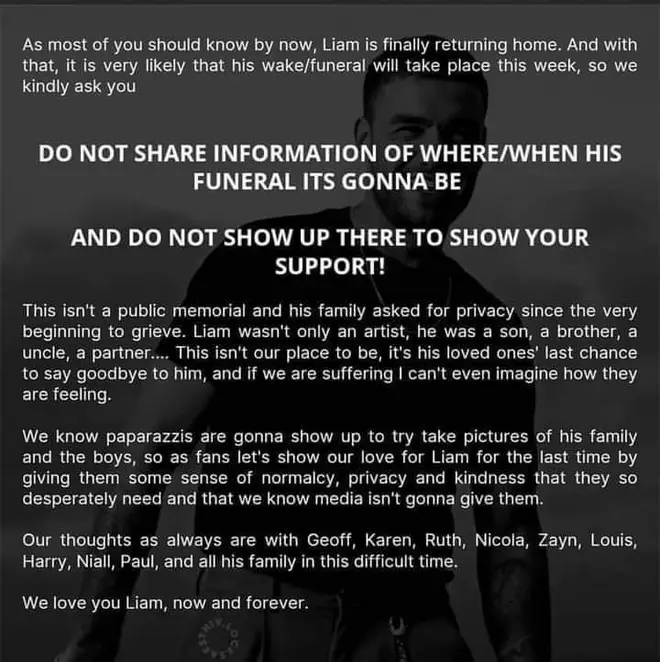 Les fans des One Direction exhortent le public à ne pas se rendre aux funérailles de Liam Payne 6 Ce message a circulé sur X