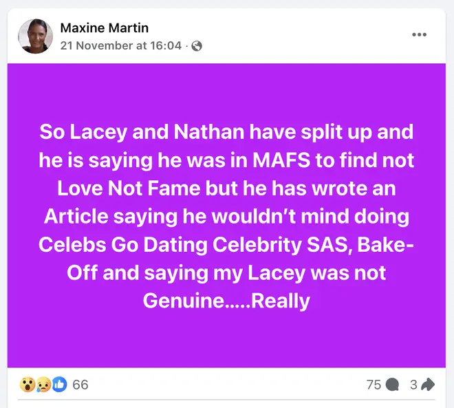 La mère de Lacey de MAFS UK critique les commentaires de Nathan sur leur séparation 5 La mère de Lacey s'exprime sur Facebook