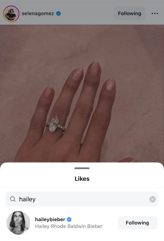 Hailey Bieber félicite subtilement les fiançailles de Selena Gomez avec Benny Blanco 4 Hailey Bieber n'a pas commenté mais a aimé le message pour la féliciter